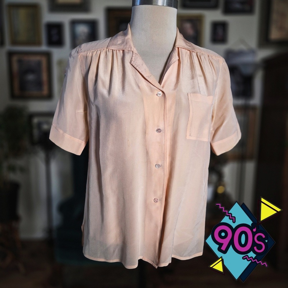 Vintage 90s Silk Studio Claude Bennett Silk Blouse‎ Peach Minimal Chic